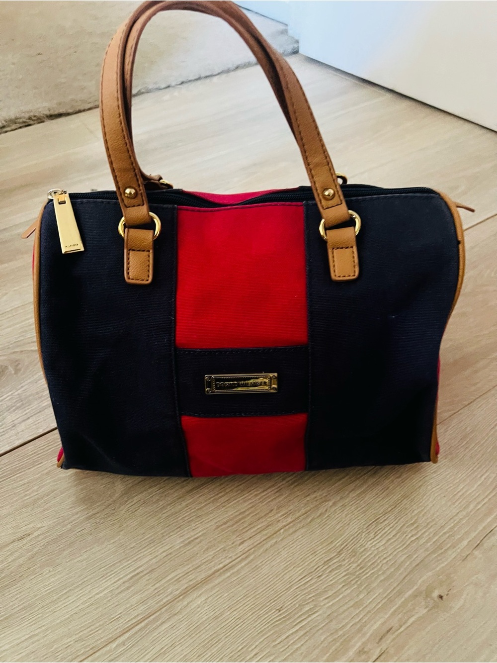 Vintage Tommy Hilfiger Red & navy BlueCanvas Satchel with Tan Handles